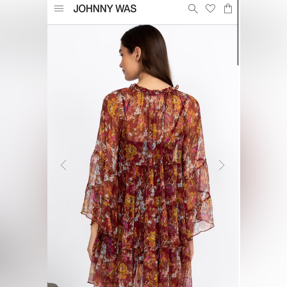 Johnny Was Jade Maroon Silk Mini Daisy Long Sleeve Dress